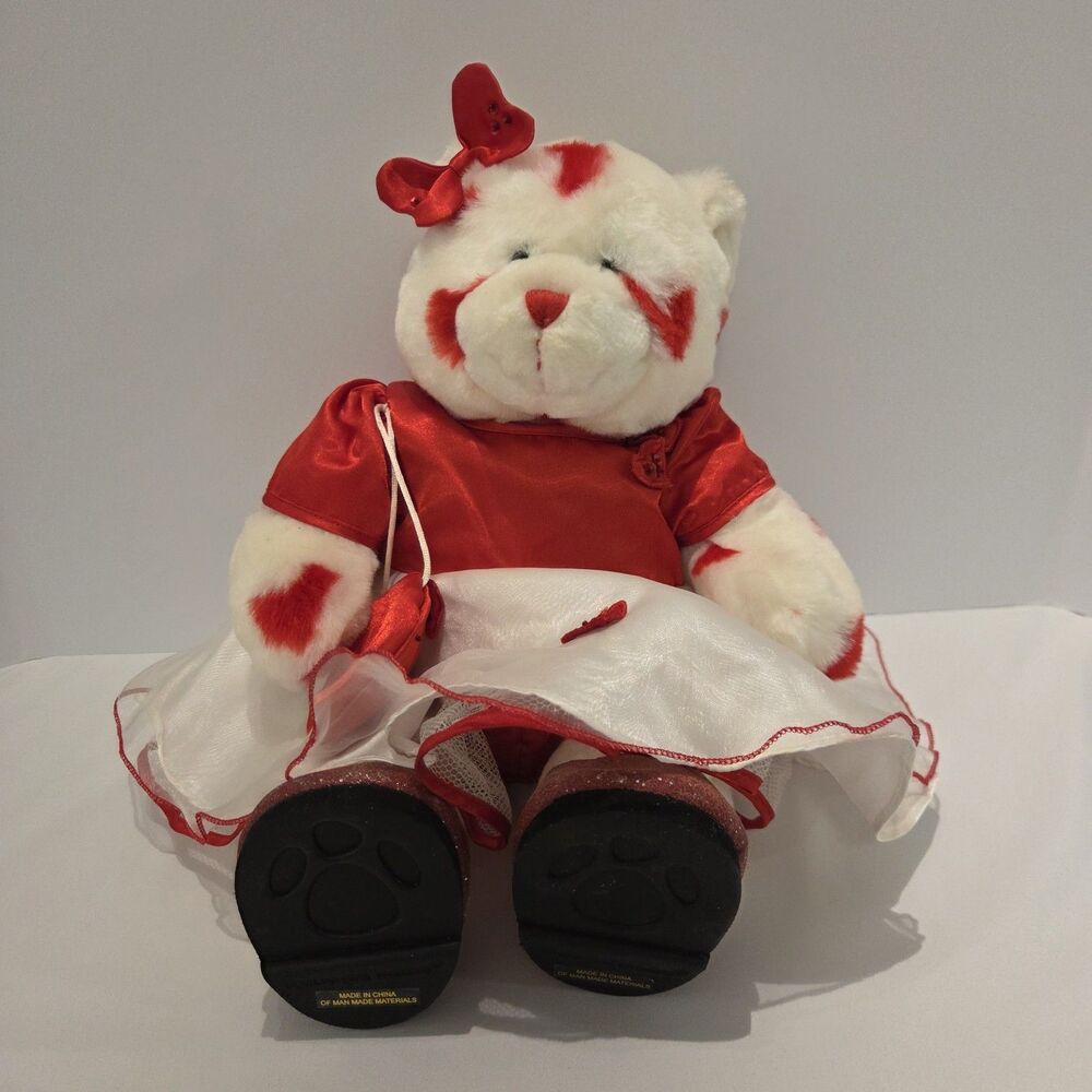 Vintage Build a Bear Valentine Day White Bear Red Hearts Plush Stuffed BAB 15”